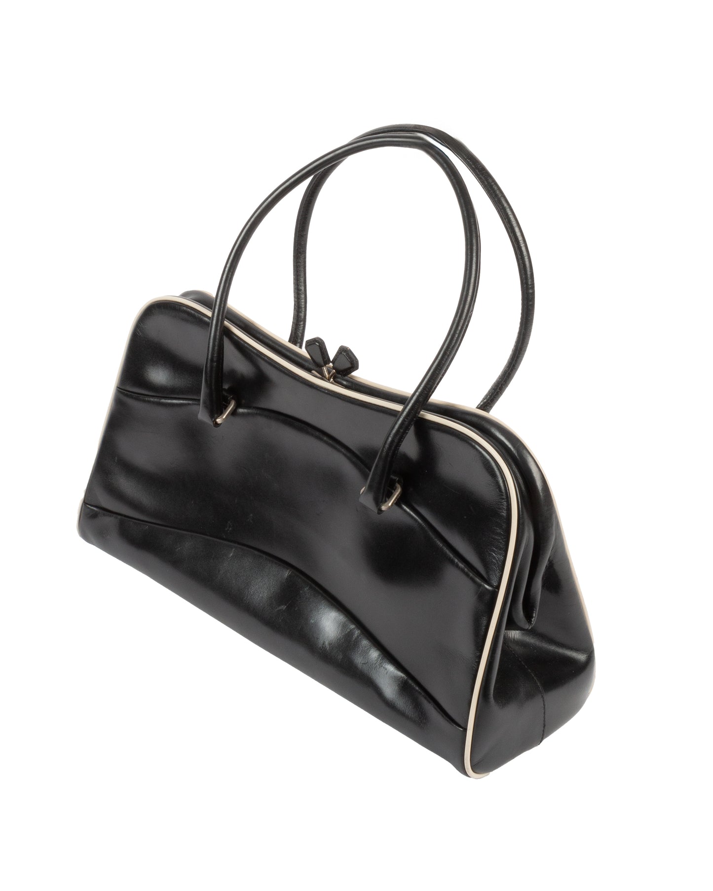 FW2000 Black Leather Kiss Lock Handbag