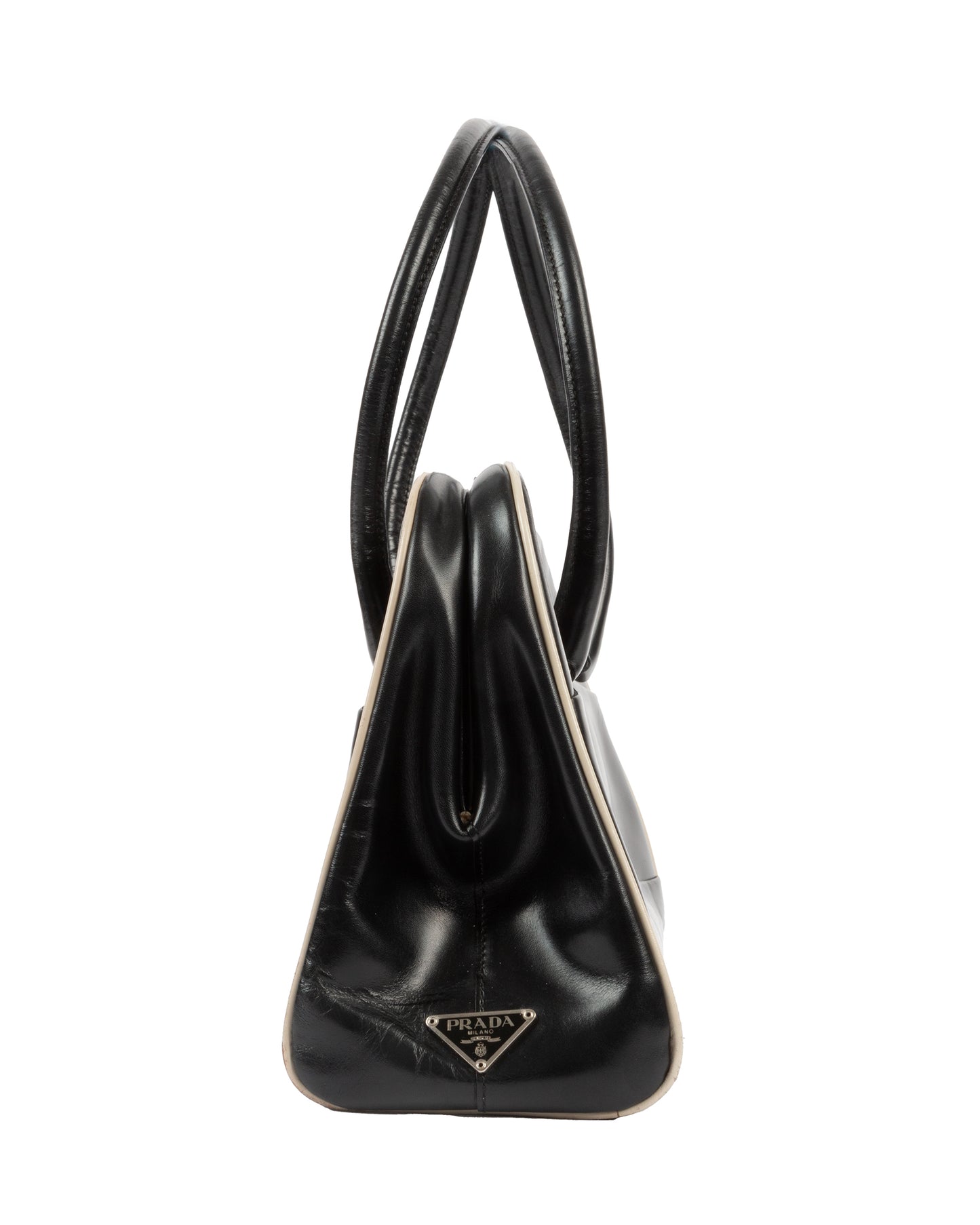 FW2000 Black Leather Kiss Lock Handbag