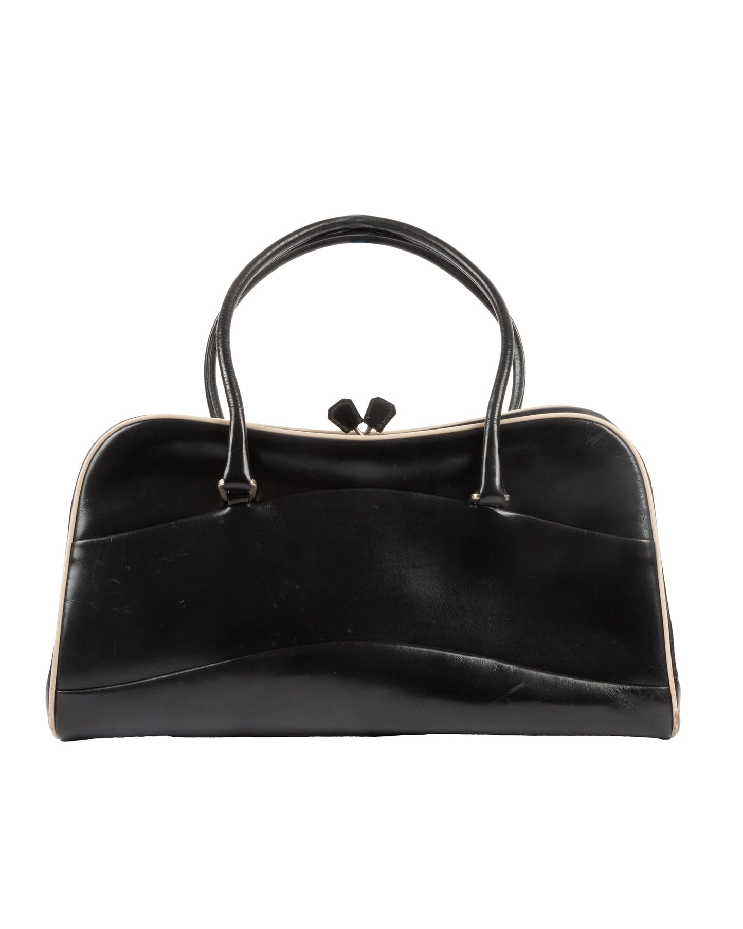 FW2000 Black Leather Kiss Lock Handbag