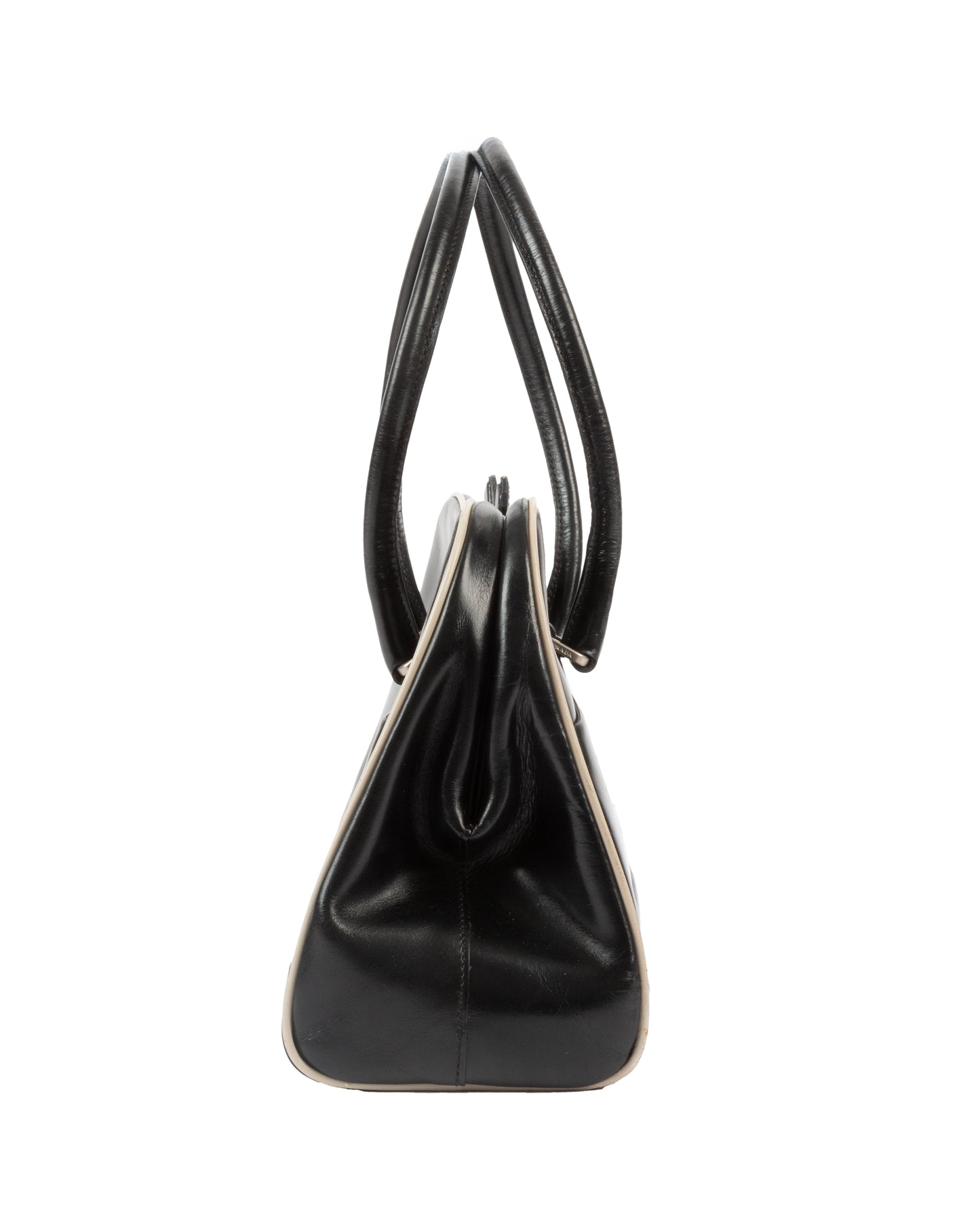 FW2000 Black Leather Kiss Lock Handbag