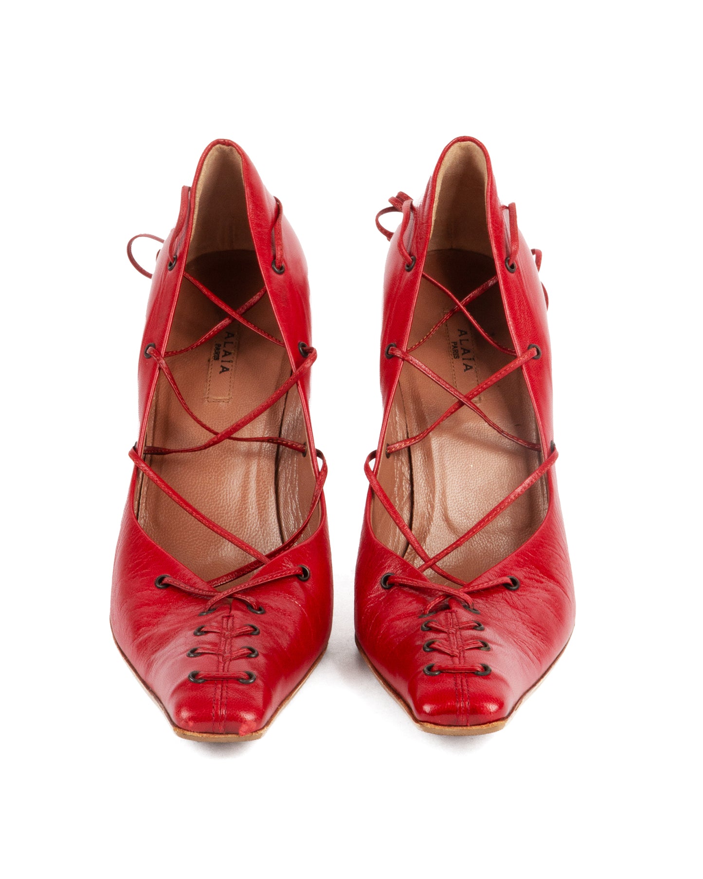 Red Lace-Up Pointed Toe Leather Pumps - 38