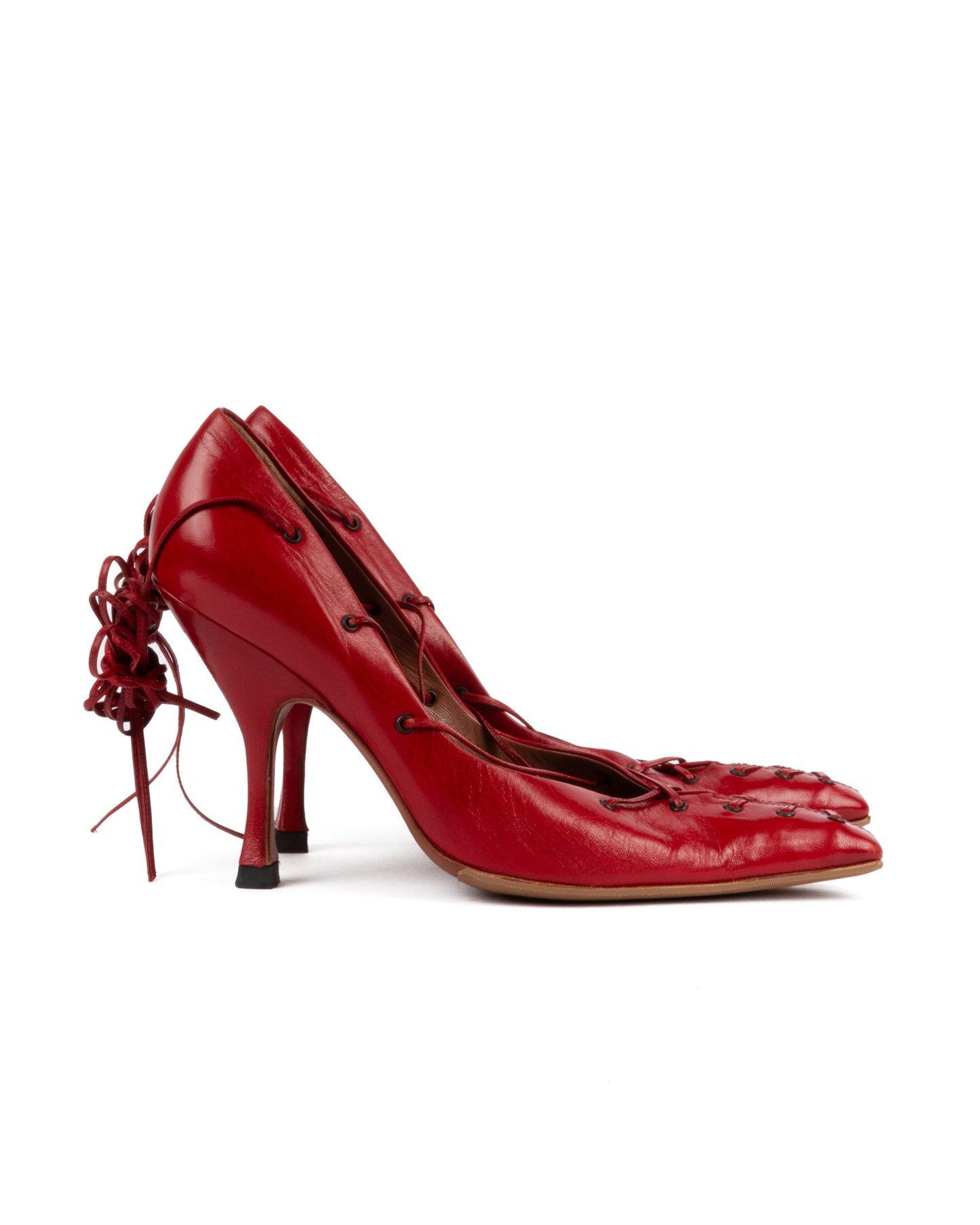 Red Lace-Up Pointed Toe Leather Pumps - 38