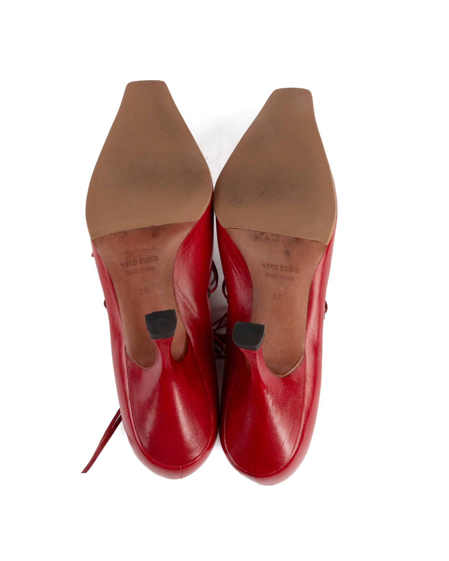 Red Lace-Up Pointed Toe Leather Pumps - 38