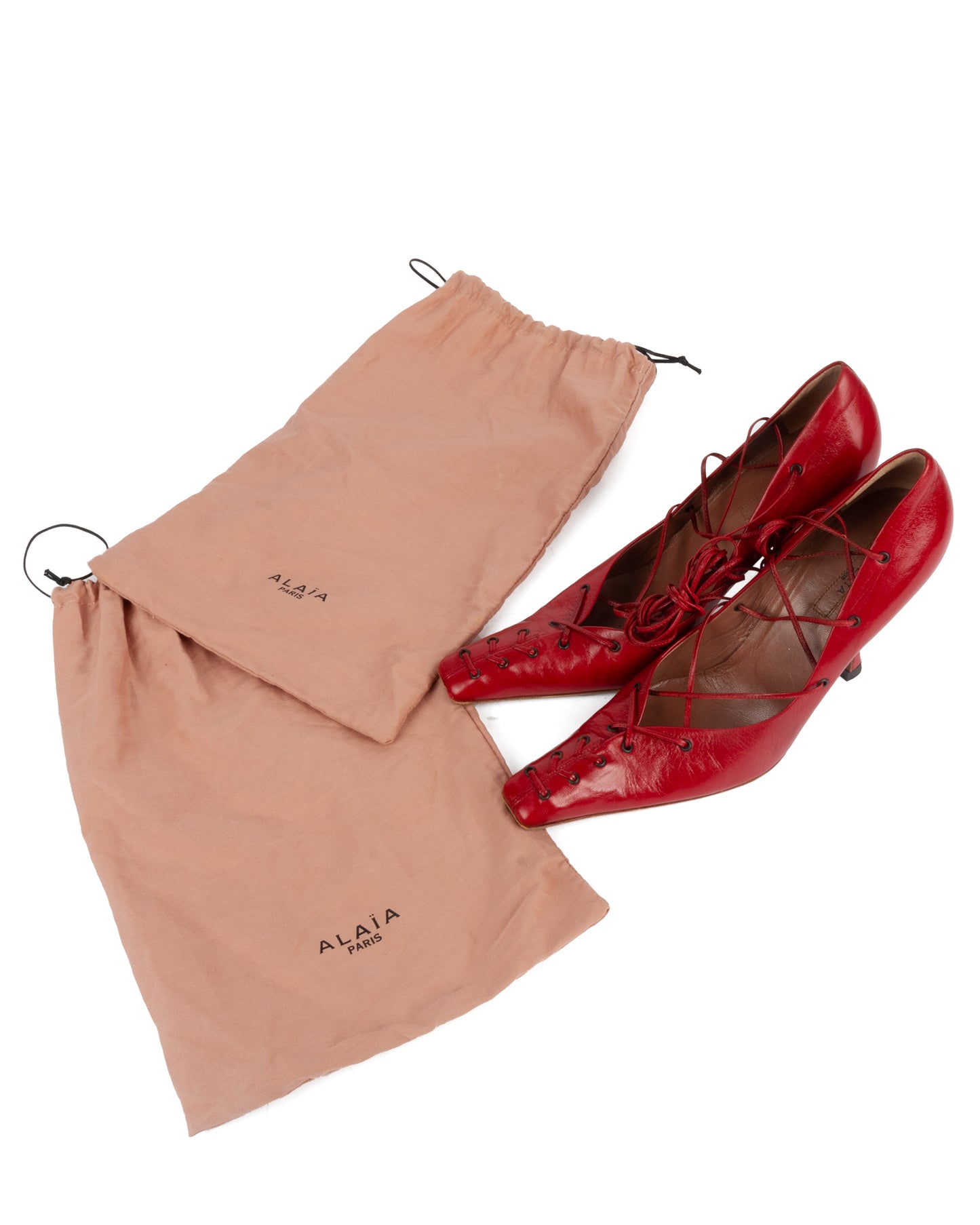 Red Lace-Up Pointed Toe Leather Pumps - 38