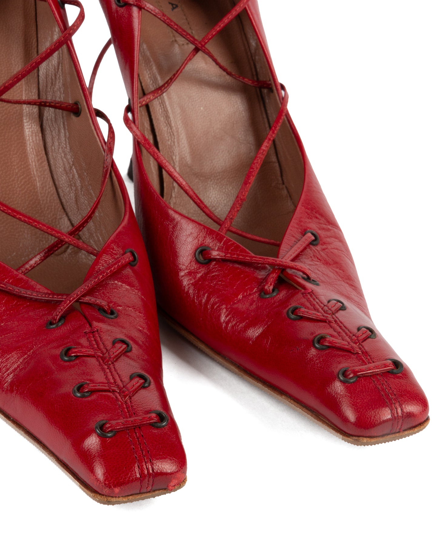 Red Lace-Up Pointed Toe Leather Pumps - 38