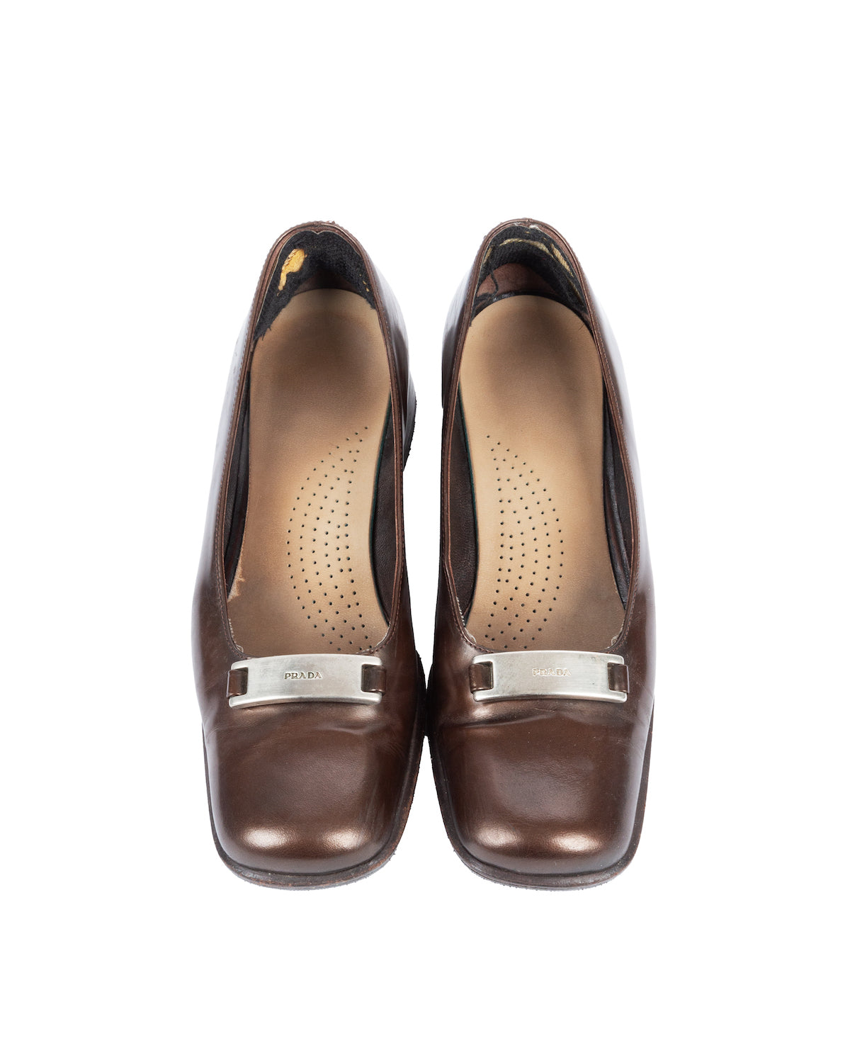Brown Square-Toe Pumps with Metal Logo