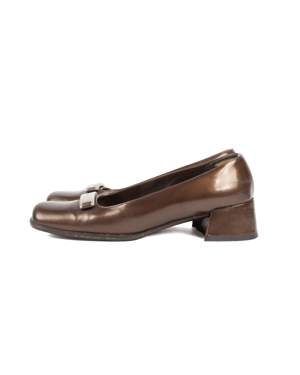 Brown Square-Toe Pumps with Metal Logo