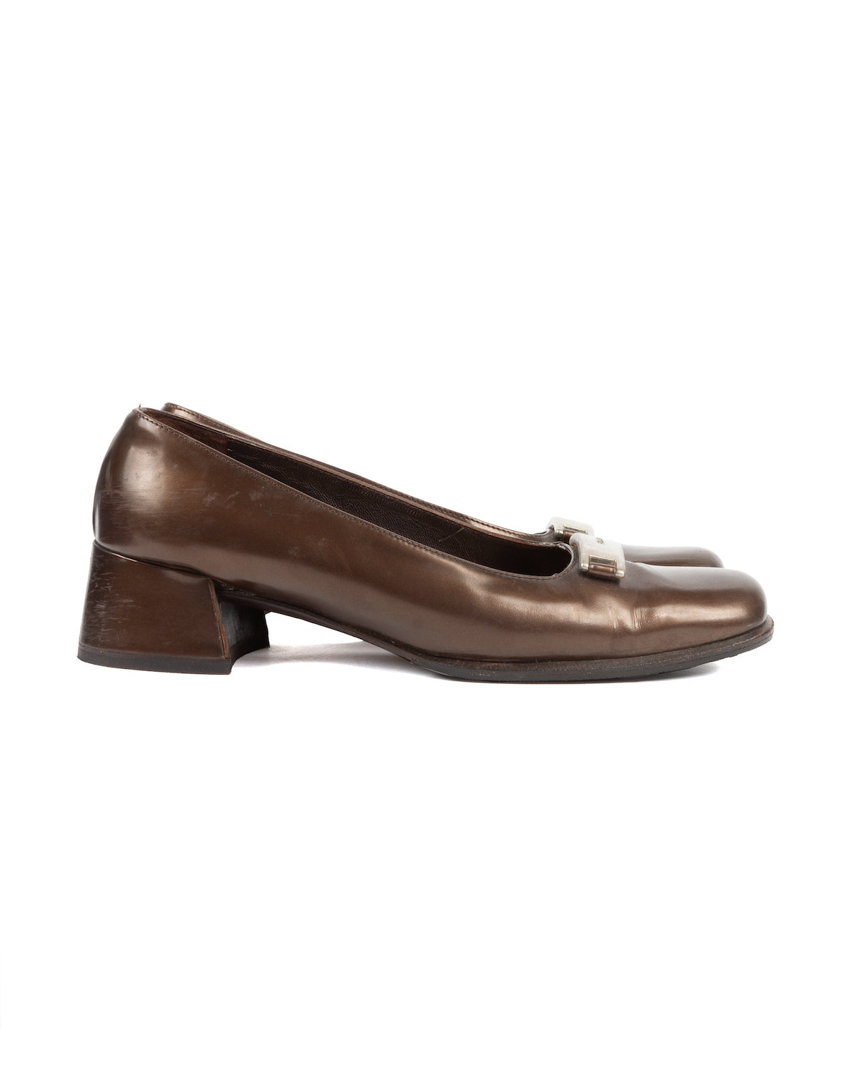 Brown Square-Toe Pumps with Metal Logo