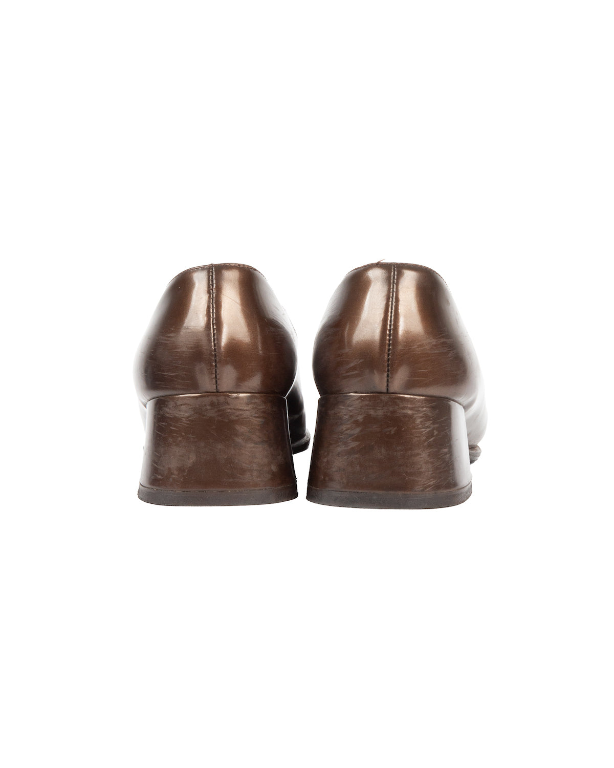 Brown Square-Toe Pumps with Metal Logo