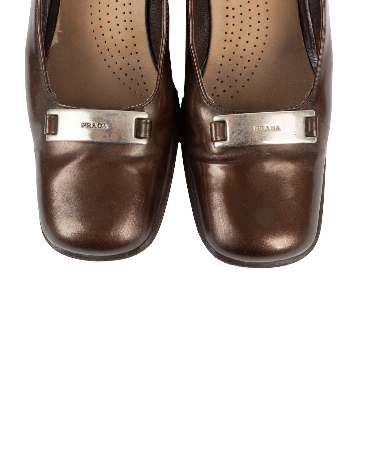 Brown Square-Toe Pumps with Metal Logo