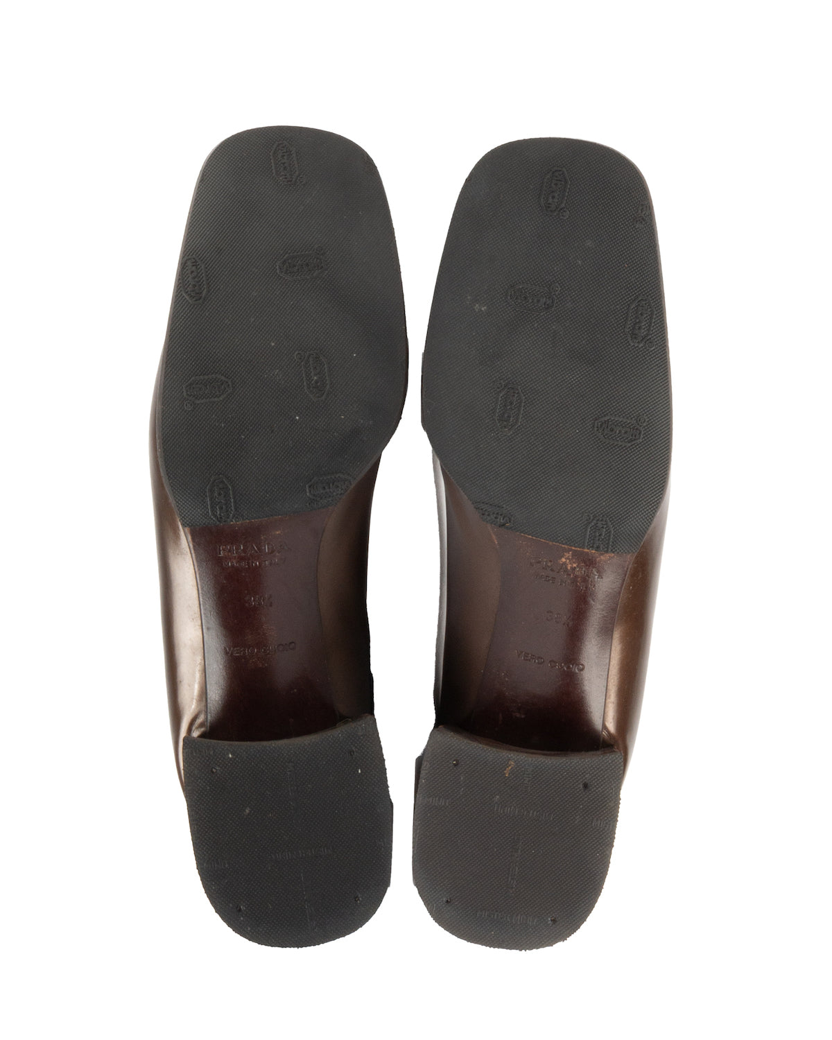 Brown Square-Toe Pumps with Metal Logo
