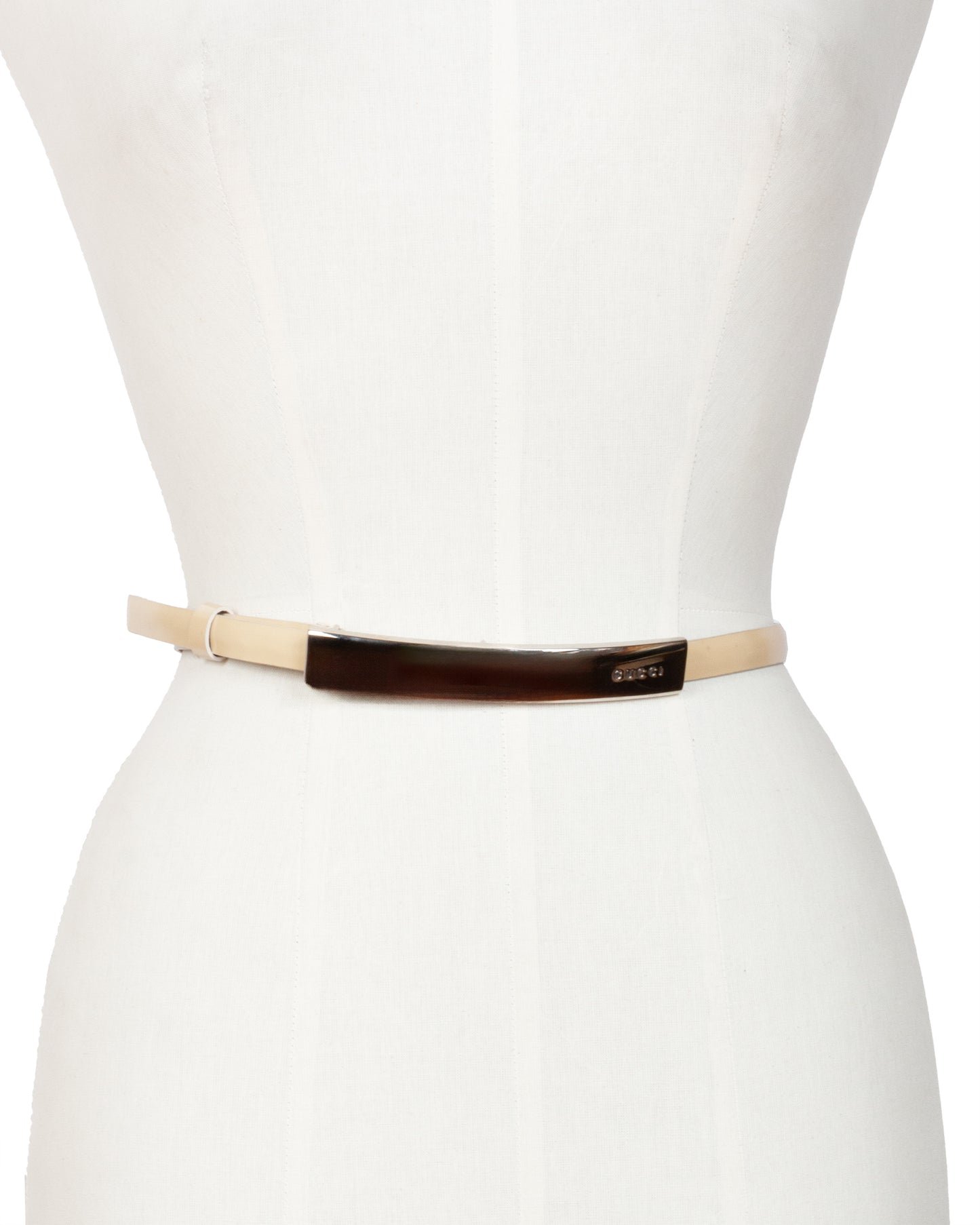 Beige Leather and Silver-Tone Metal Belt
