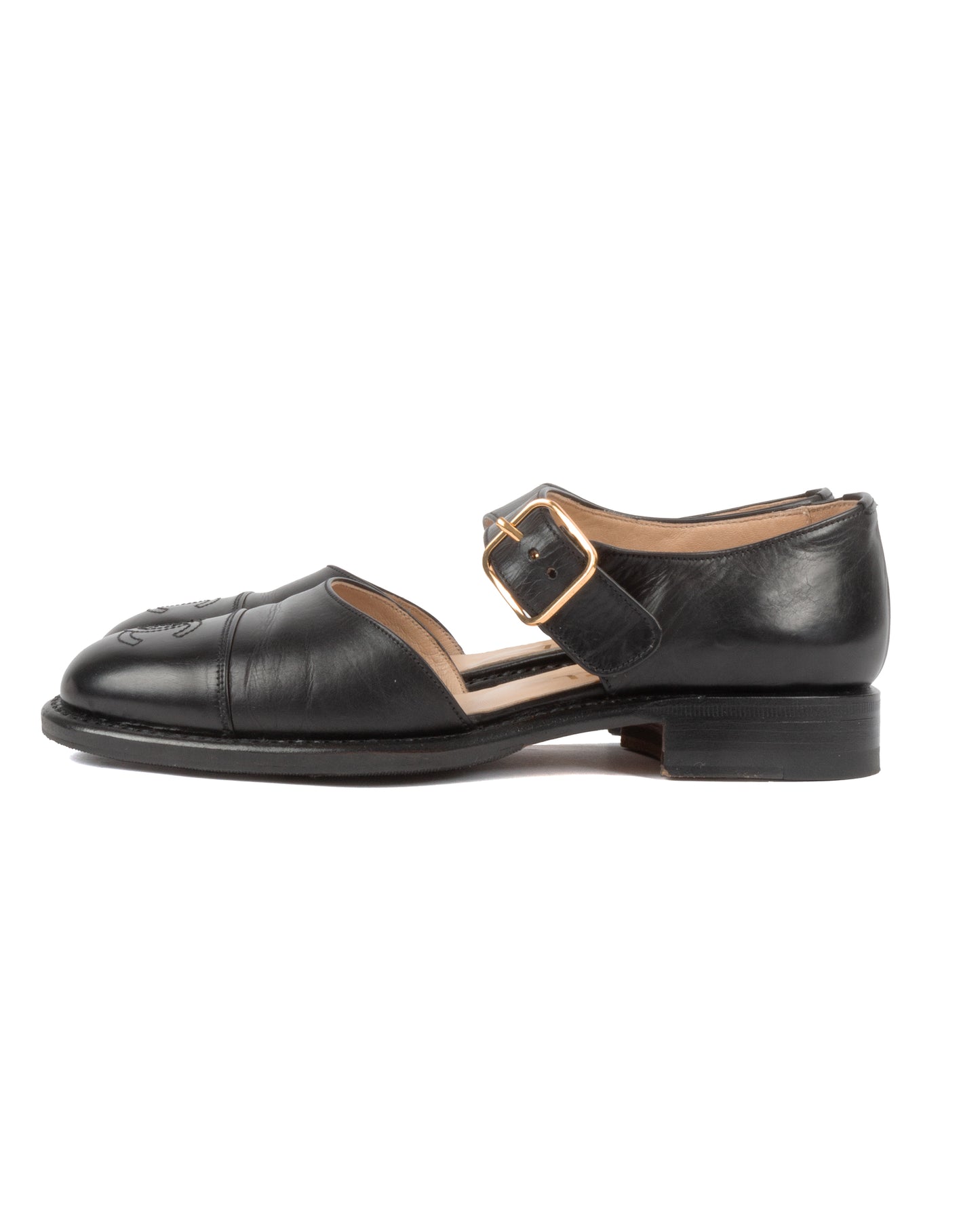 Black Leather Mary Jane Cutout Flats