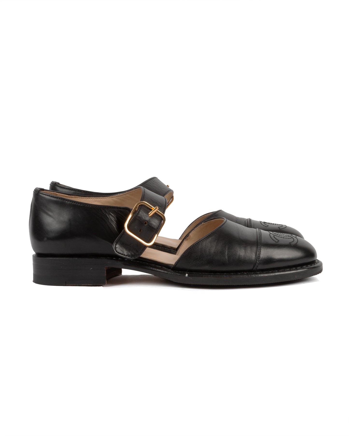 Black Leather Mary Jane Cutout Flats