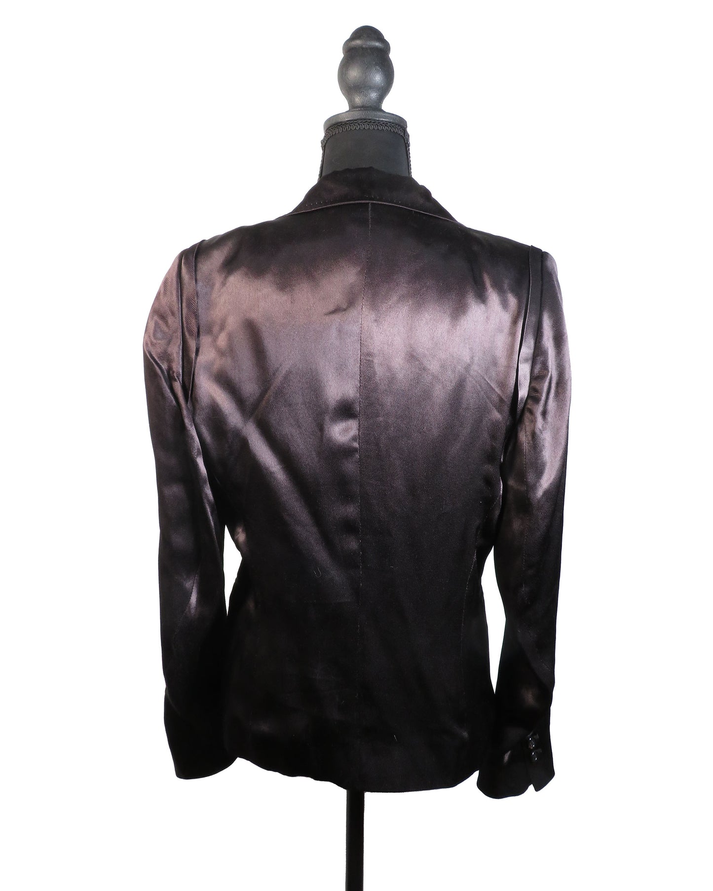Black satin jacket on a mannequin against a white background