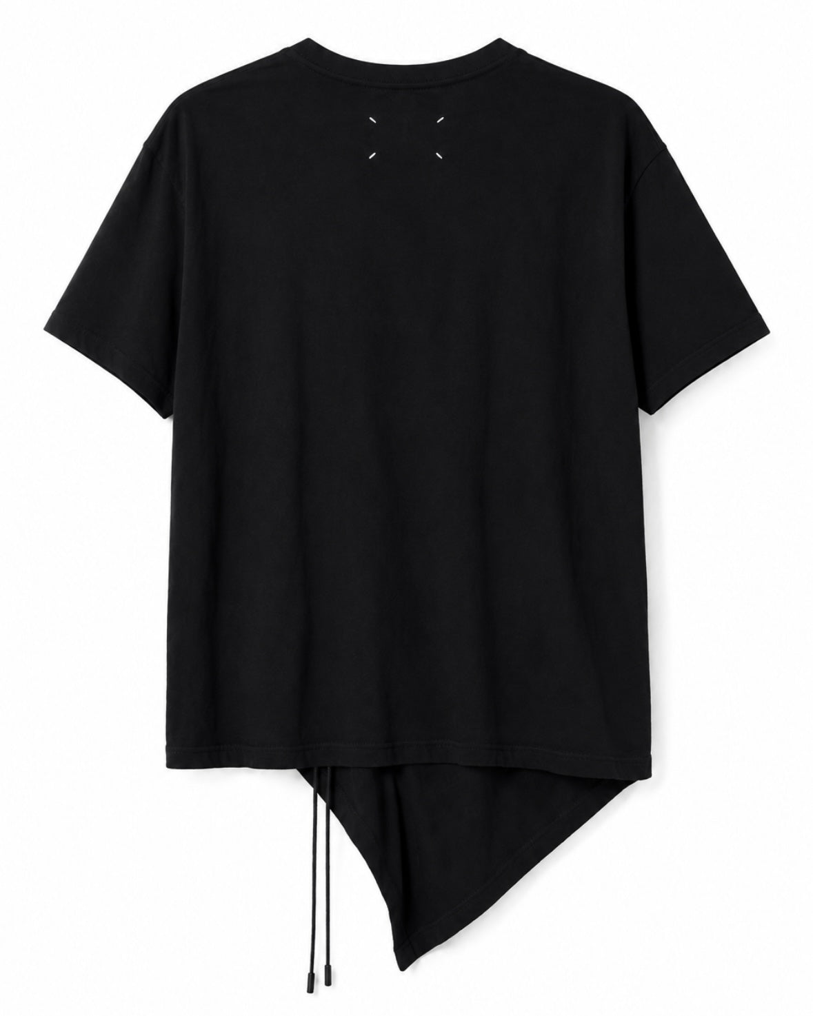 Black t-shirt with an asymmetrical hem on a white background