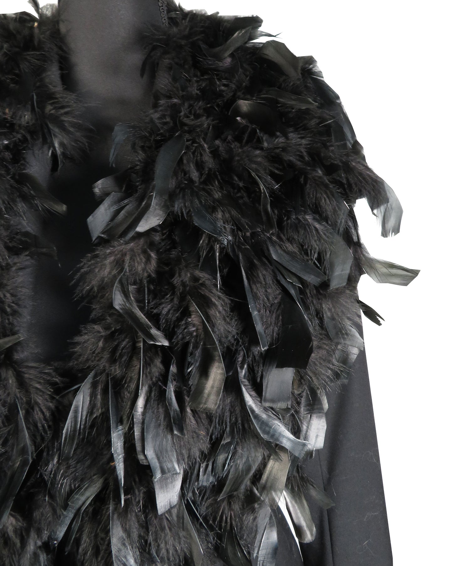 Close-up of a black feathered garment on a white background