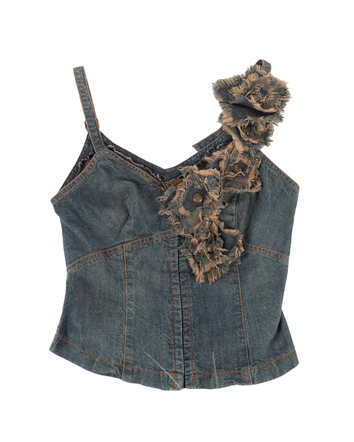 Plein Sud Distressed Denim Floral Corset Top - vothe archive - curated designer vintage