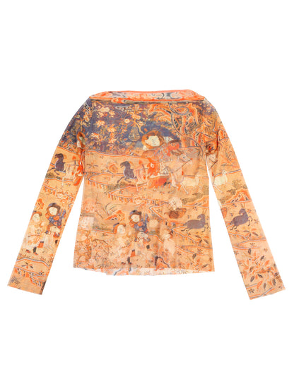 Orange Ancient Chinese Painting Print Mesh Top
