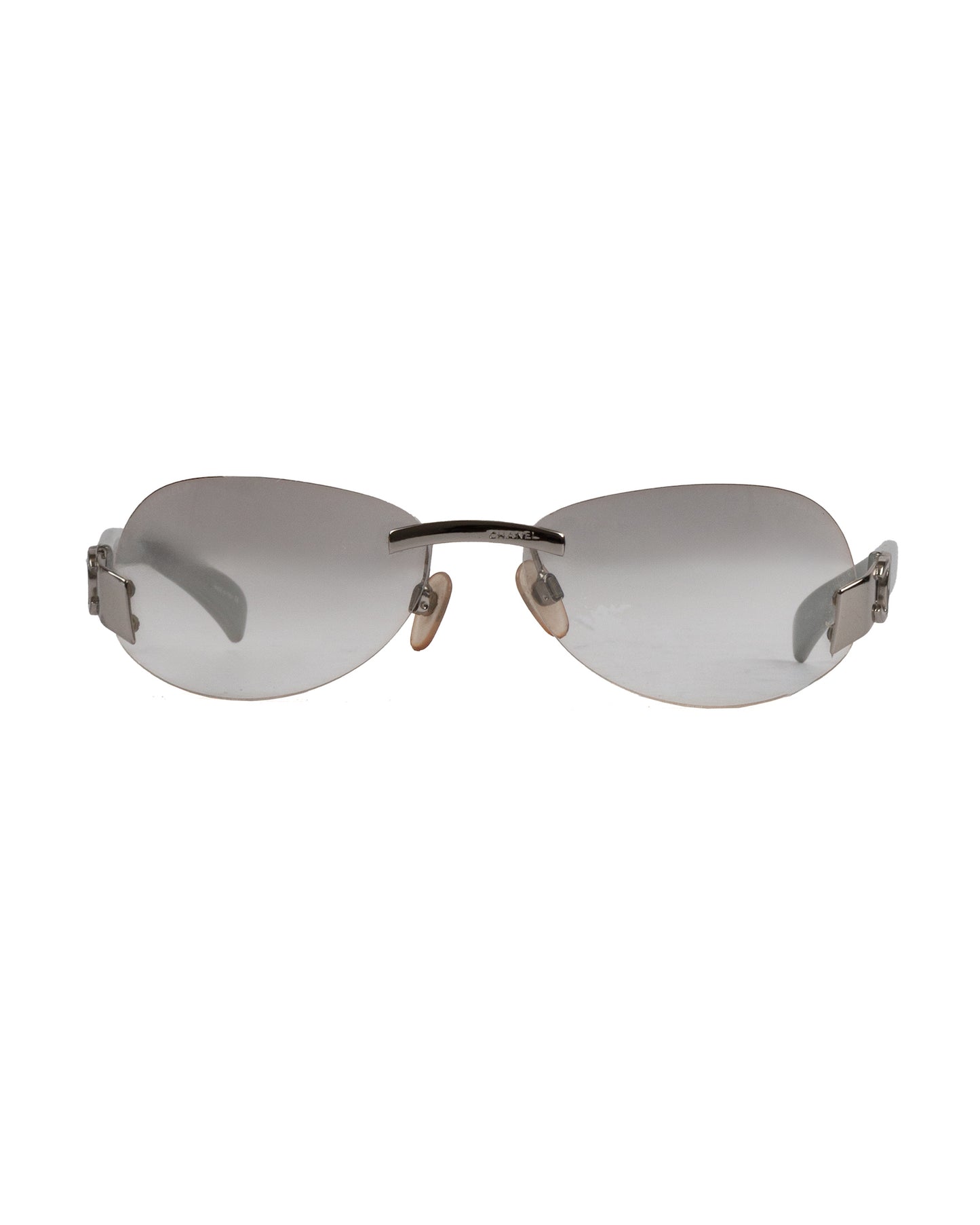 2002 CC Logo Silver Grey Rimless Oval Sunglasses