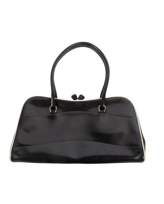 FW2000 Black Leather Kiss Lock Handbag