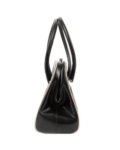 FW2000 Black Leather Kiss Lock Handbag