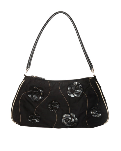 SS2000 Black Nylon Floral Appliqué Shoulder Bag