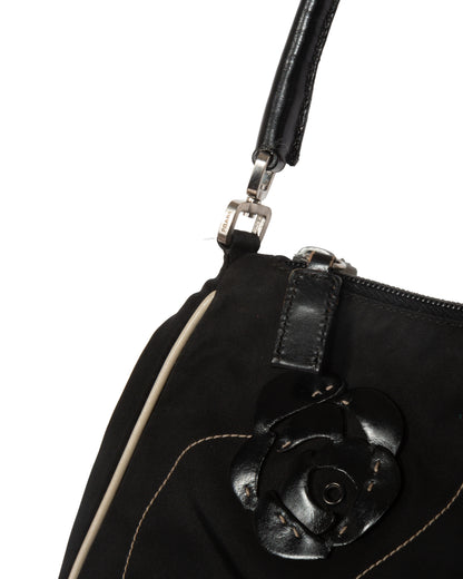 SS2000 Black Nylon Floral Appliqué Shoulder Bag