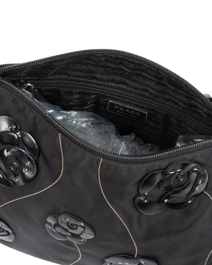 SS2000 Black Nylon Floral Appliqué Shoulder Bag