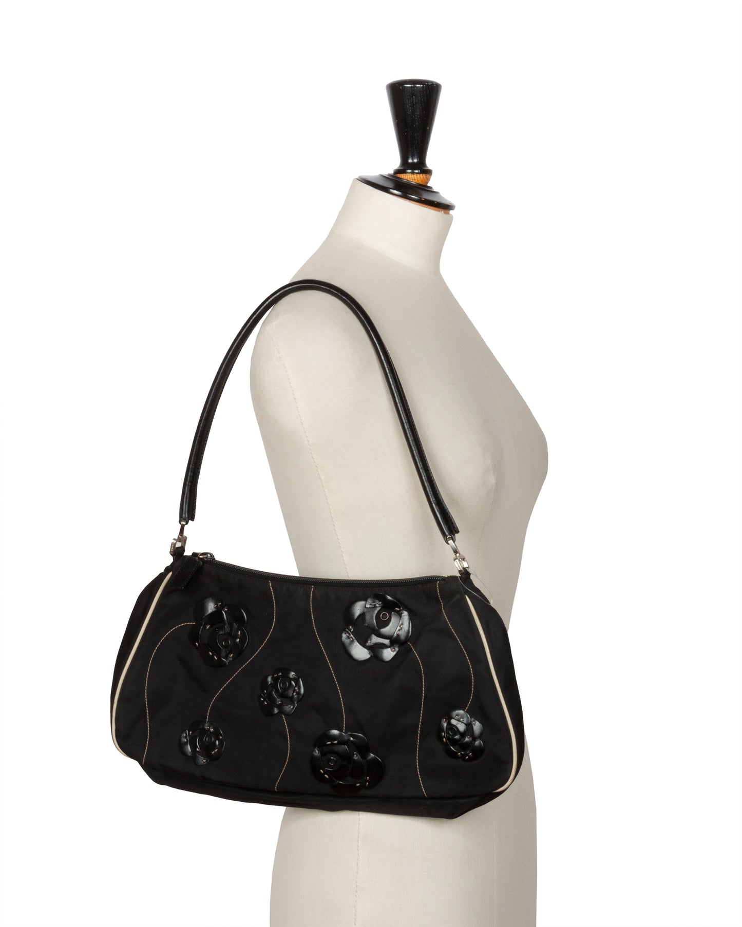 SS2000 Black Nylon Floral Appliqué Shoulder Bag