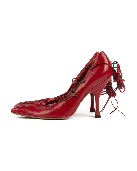 Red Lace-Up Pointed Toe Leather Pumps - 38