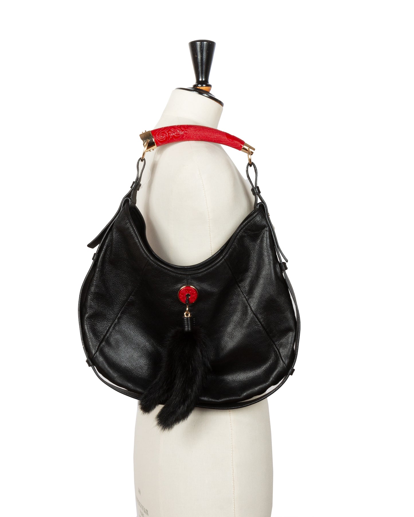 Oriental Mombasa Bag with Embossed Red Handle and Fur Tassel