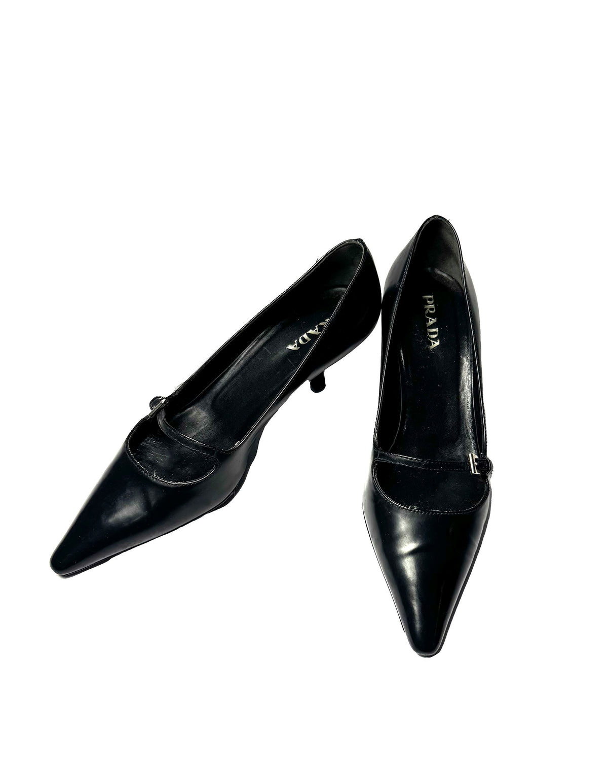 90s Prada black leather buckle pumps-36.5
