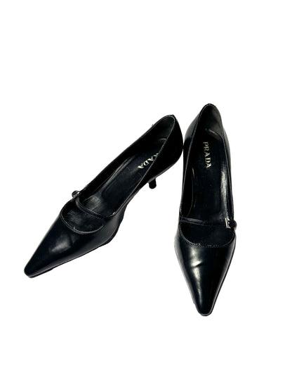 90s Prada black leather buckle pumps-36.5