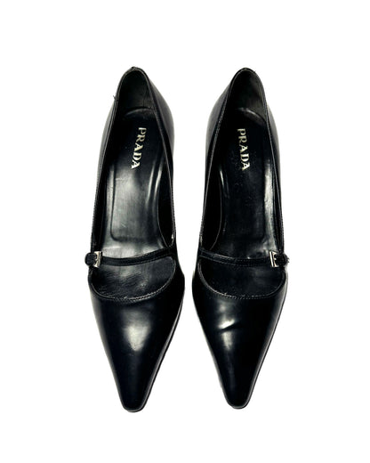 90s Prada black leather buckle pumps-36.5
