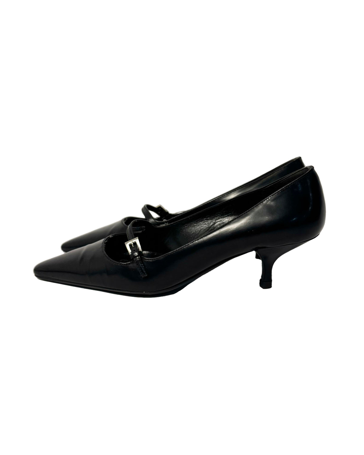 90s Prada black leather buckle pumps-36.5