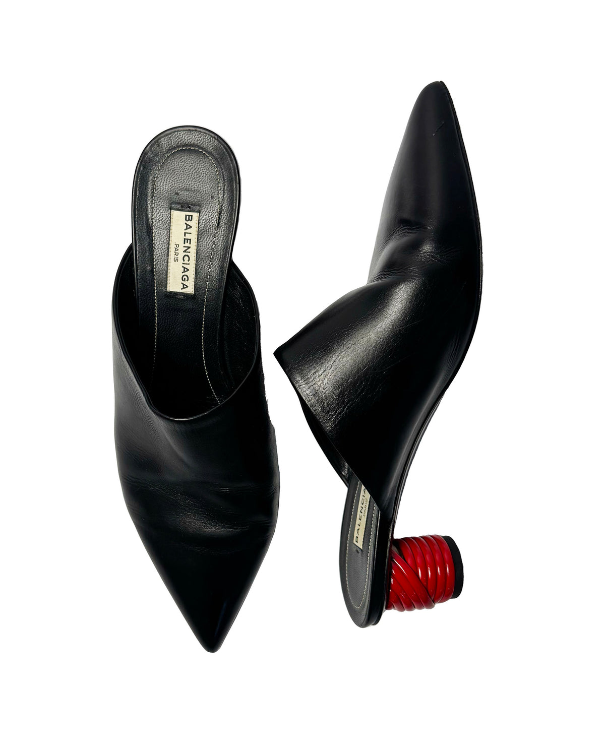 Balenciaga Black Leather Mules with Red Sculptural Heels-38.5