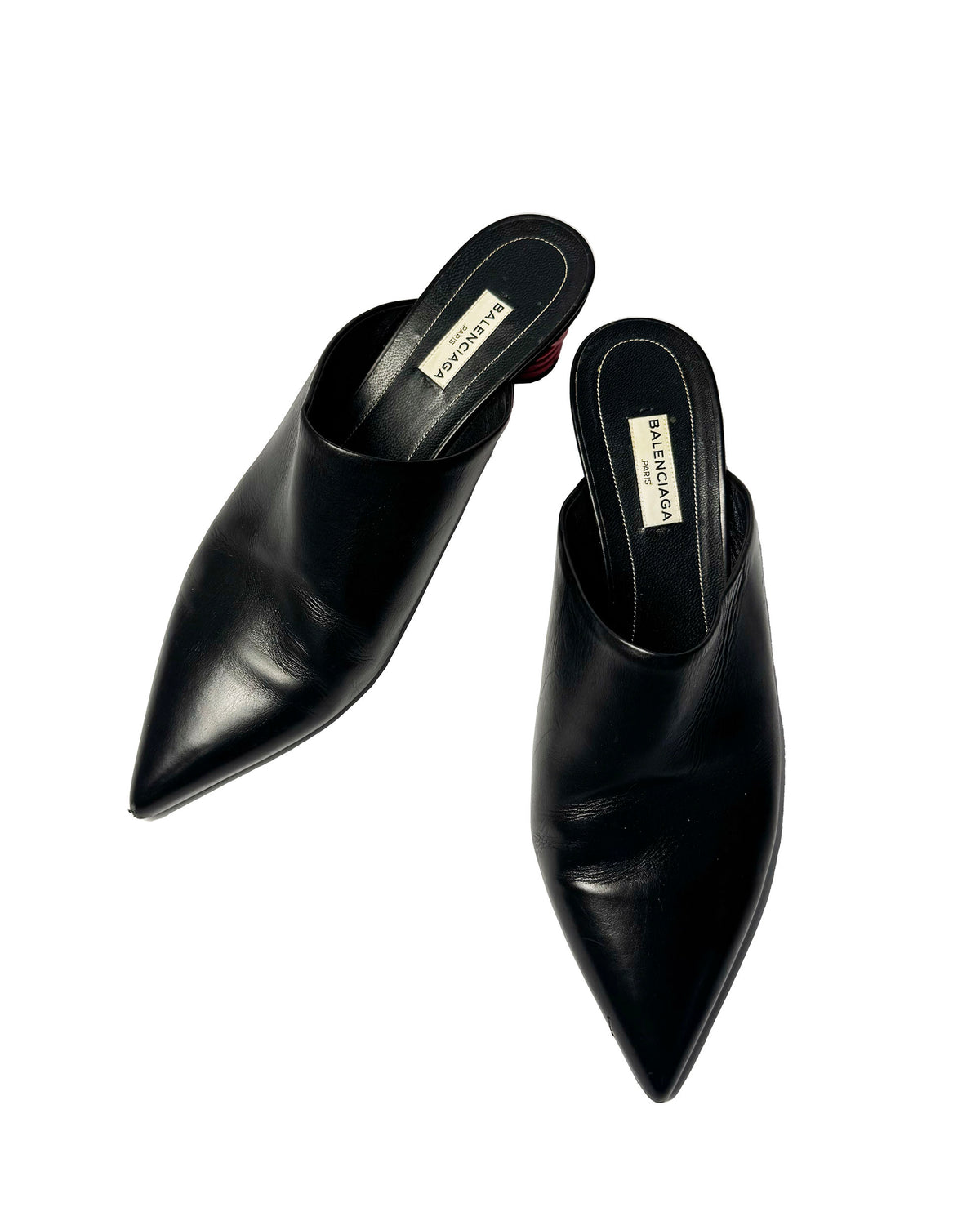 Balenciaga Black Leather Mules with Red Sculptural Heels-38.5