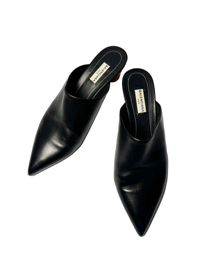 Balenciaga Black Leather Mules with Red Sculptural Heels-38.5