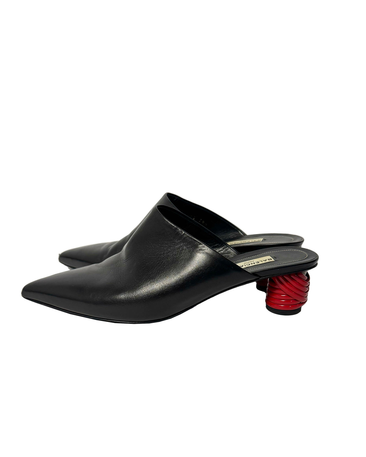 Balenciaga Black Leather Mules with Red Sculptural Heels-38.5