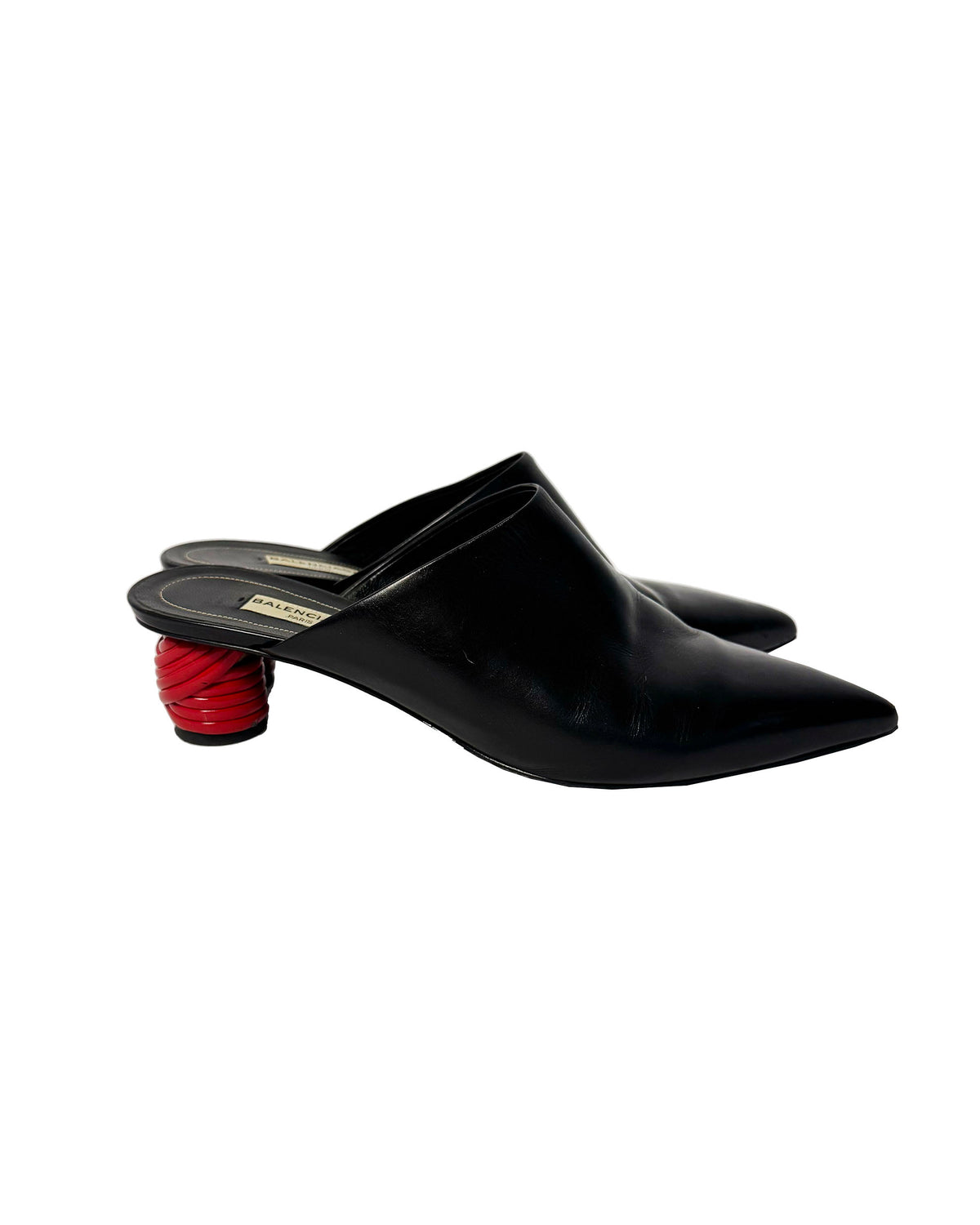 Balenciaga Black Leather Mules with Red Sculptural Heels-38.5