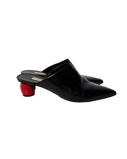 Balenciaga Black Leather Mules with Red Sculptural Heels-38.5