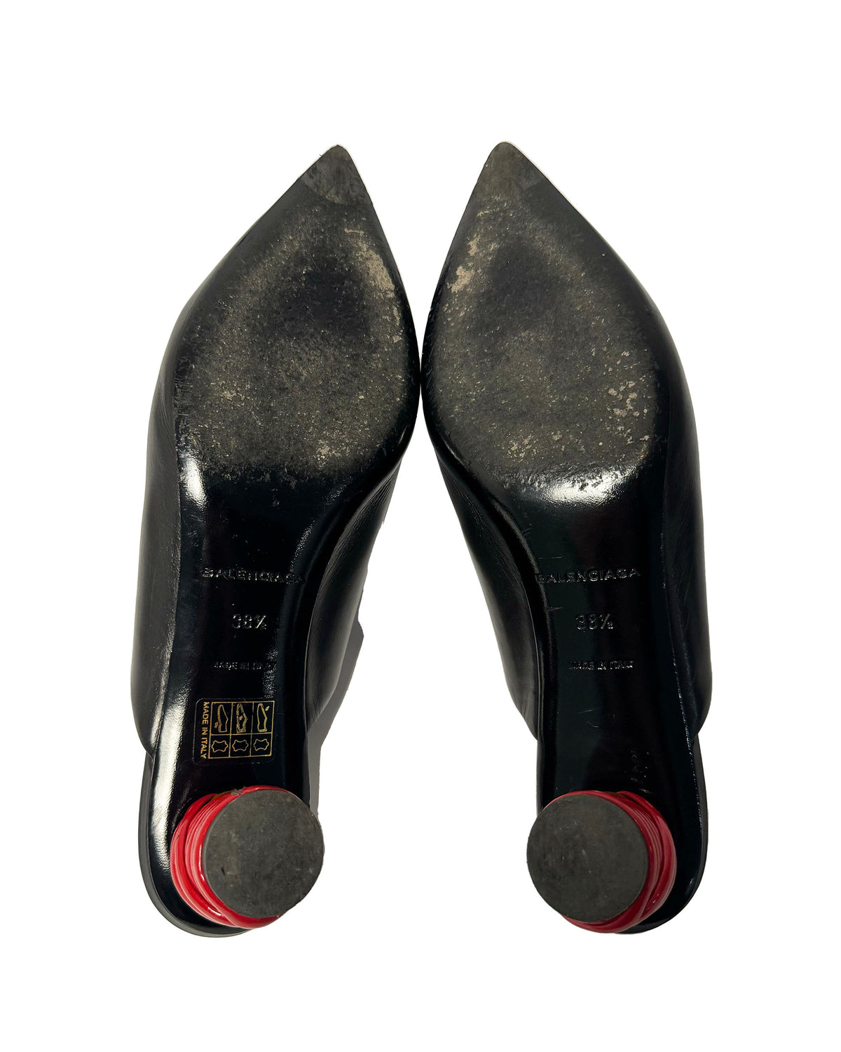 Balenciaga Black Leather Mules with Red Sculptural Heels-38.5