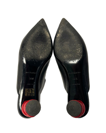 Balenciaga Black Leather Mules with Red Sculptural Heels-38.5