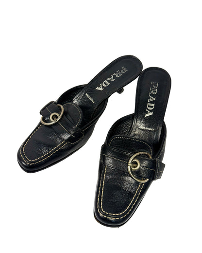 90s Prada Black Buckle Mule Shoes-35.5