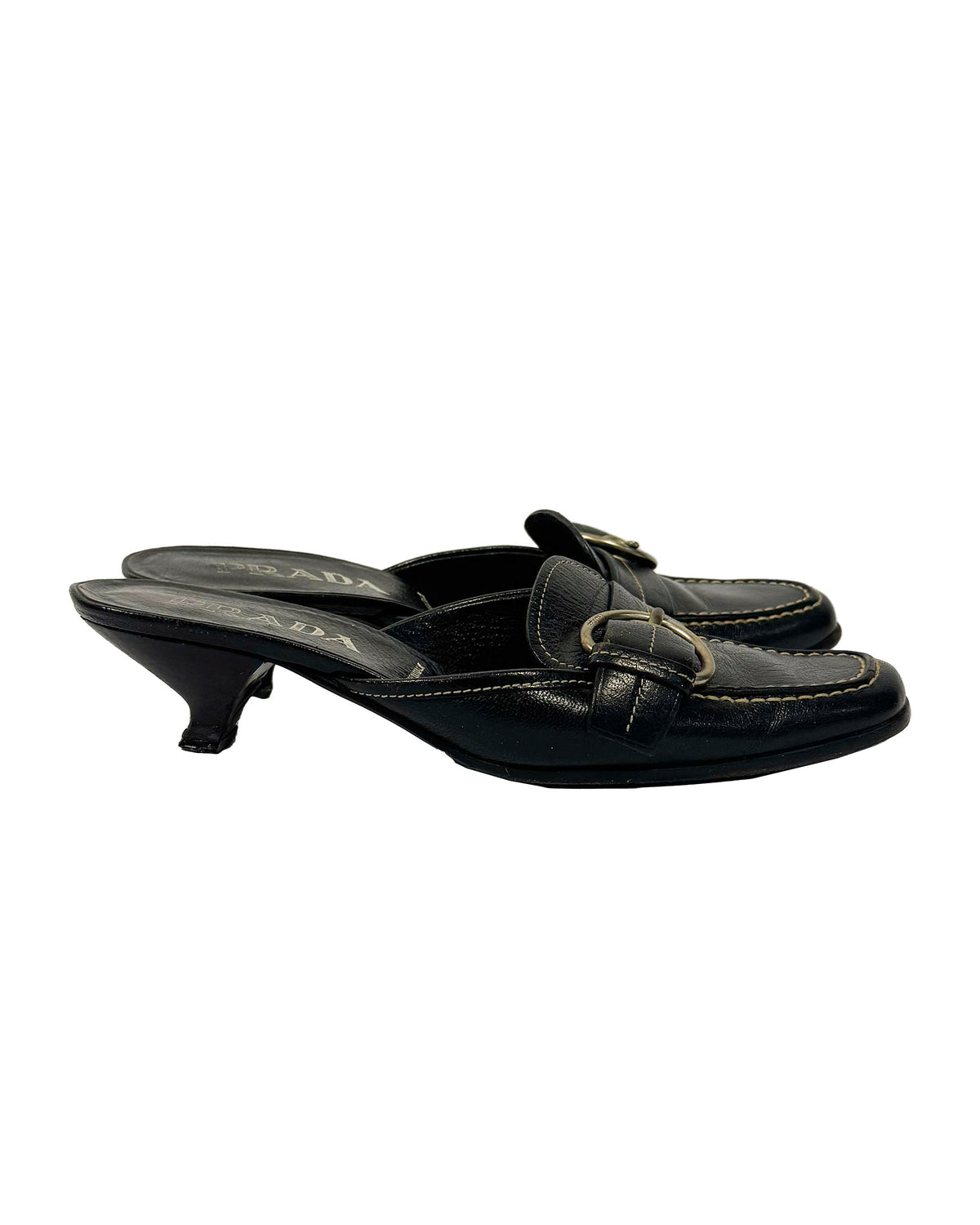 90s Prada Black Buckle Mule Shoes-35.5