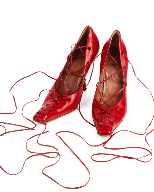 Alaïa Red Lace-Up Pointed Toe Leather Pumps - vothe archive - curated designer vintage
