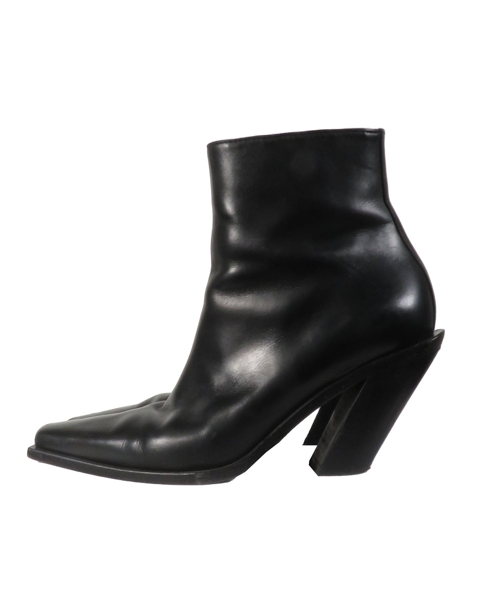 Black leather ankle boot with a block heel on a white background