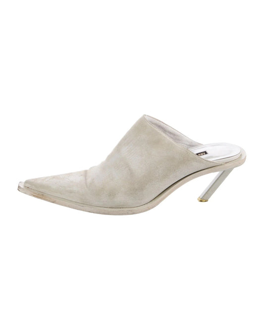 White pointed-toe high-heeled slipper on a white background Ann Demeulemeester Off-White Suede Leather Mules
