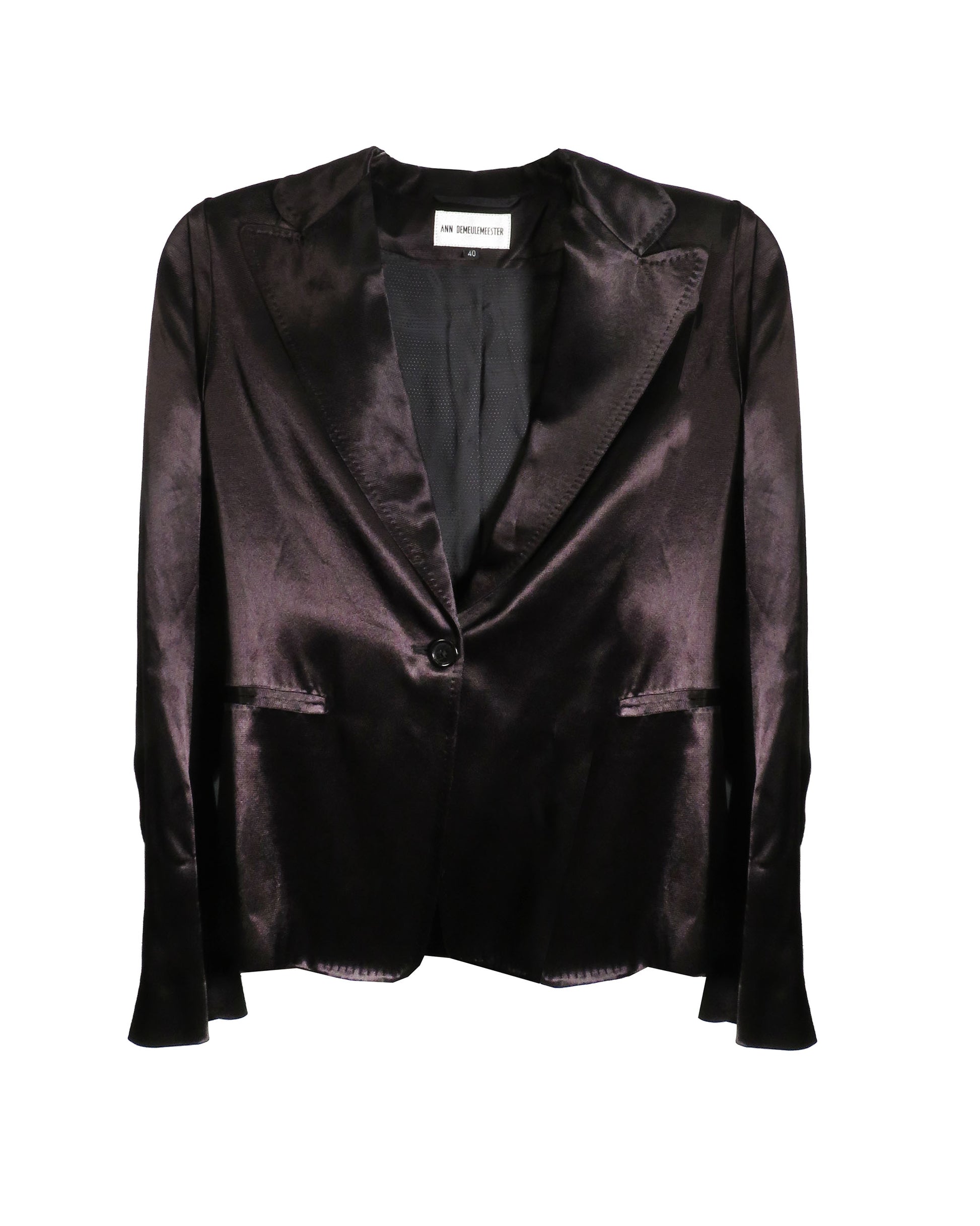 Black satin blazer on a white background